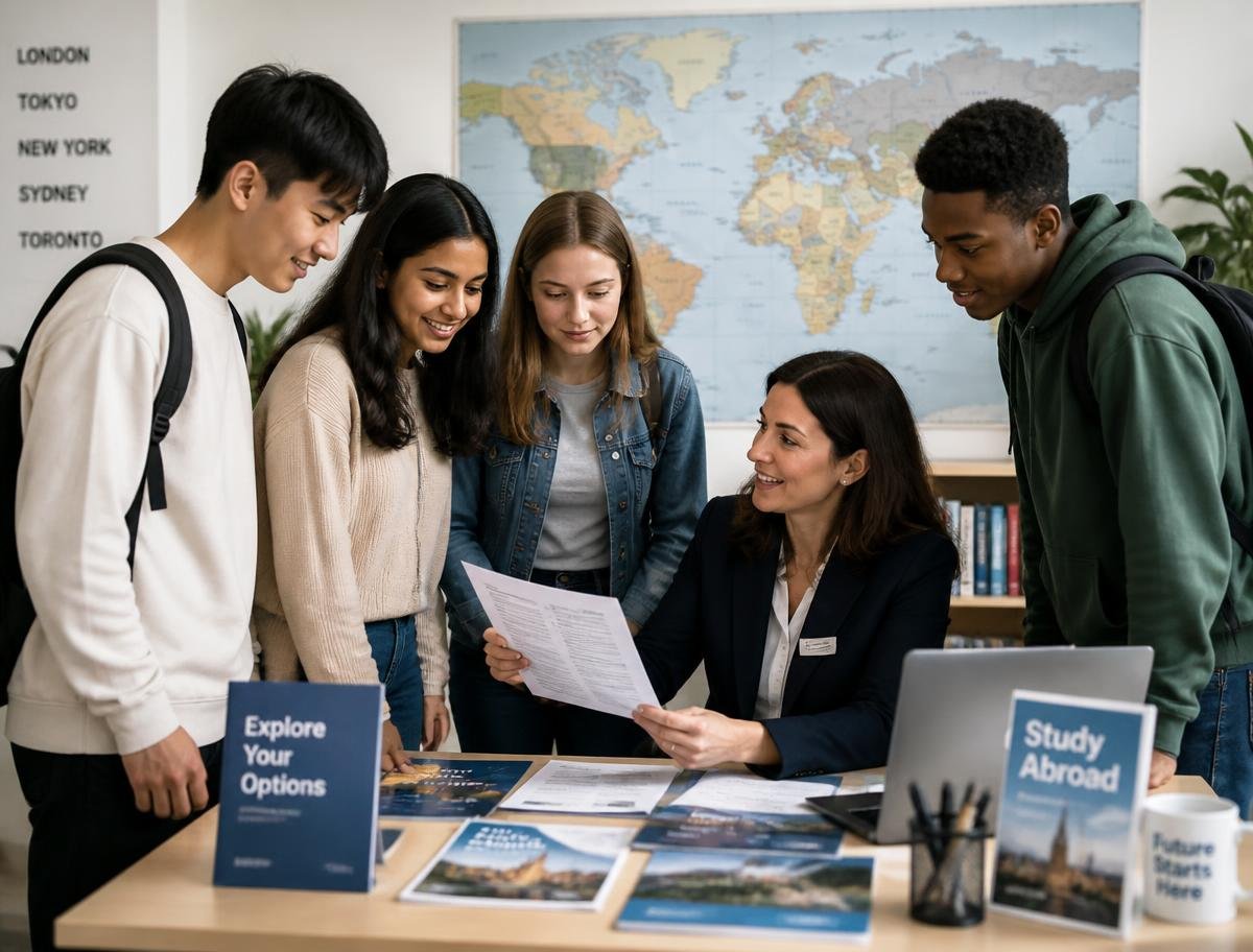 Consultant reviewing university applications with international students