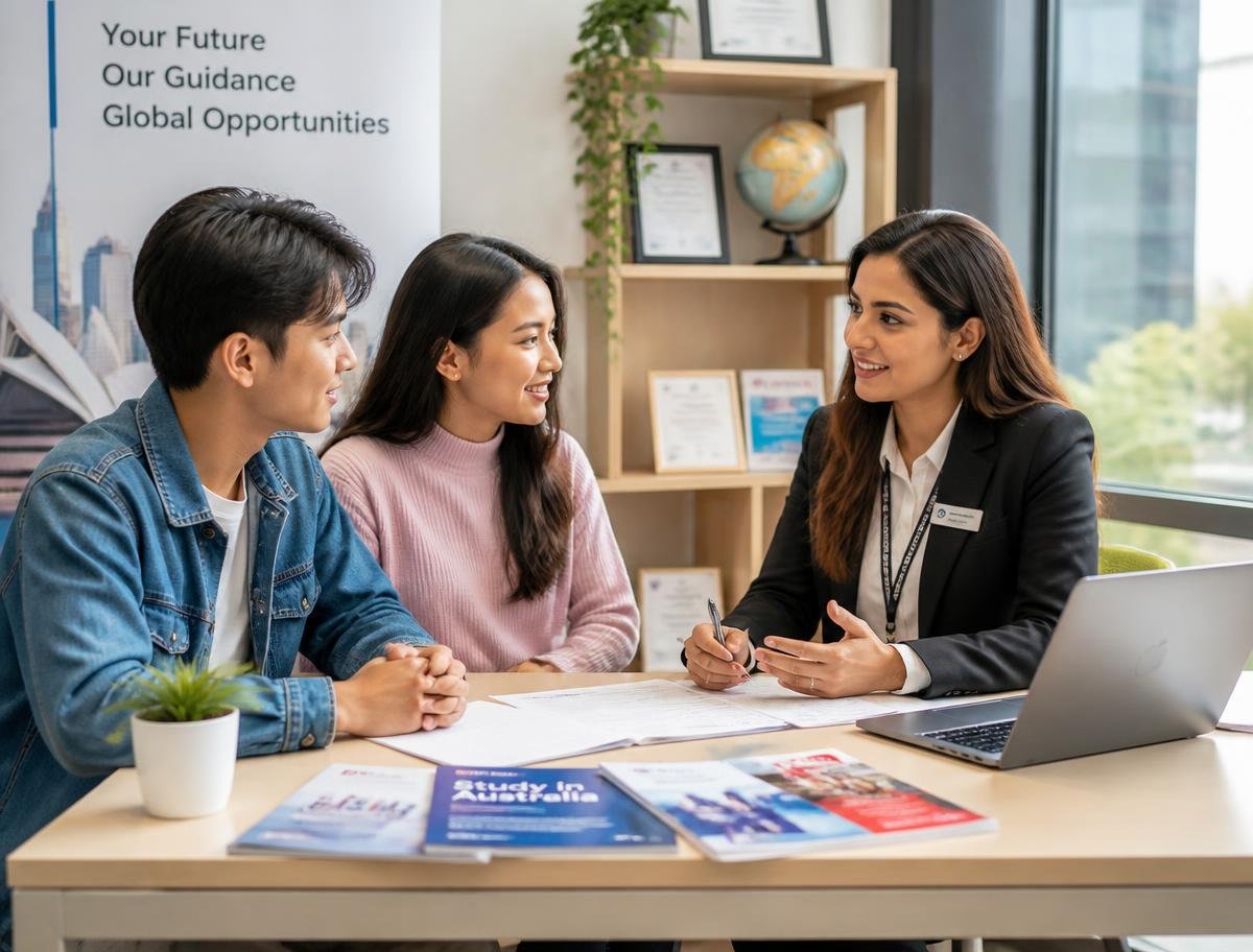 Education consultant advising two students across a desk