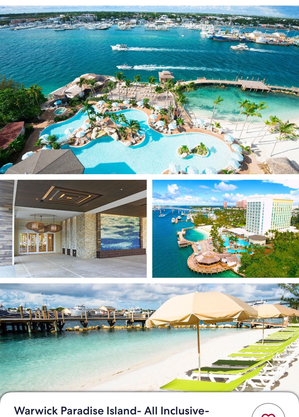 Aerial view of an all-inclusive Paradise Island resort with pools, beach and marina