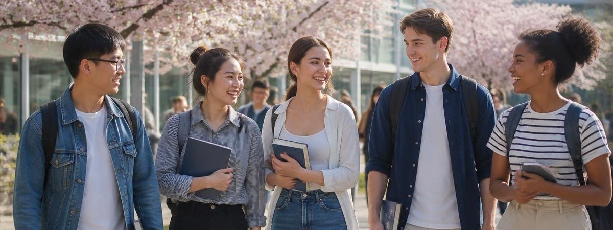 Diverse international students walking together on a university campus