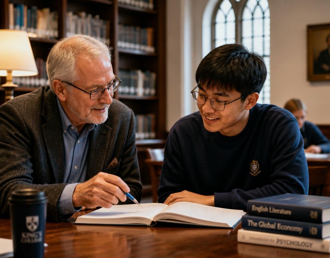 Senior academic mentor guiding an international student over a book