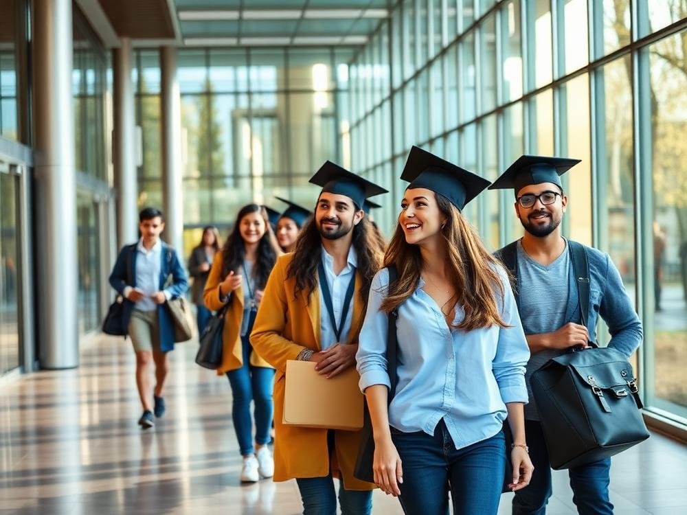 International students in graduation caps walking through a modern university building