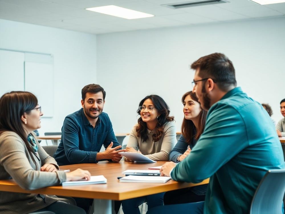 Multicultural adult students in conversation during a language class