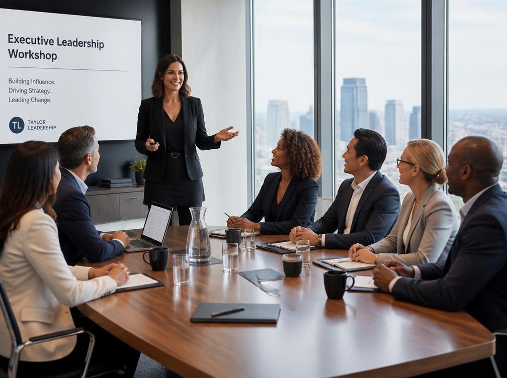 Presenter leading an executive leadership workshop with business professionals