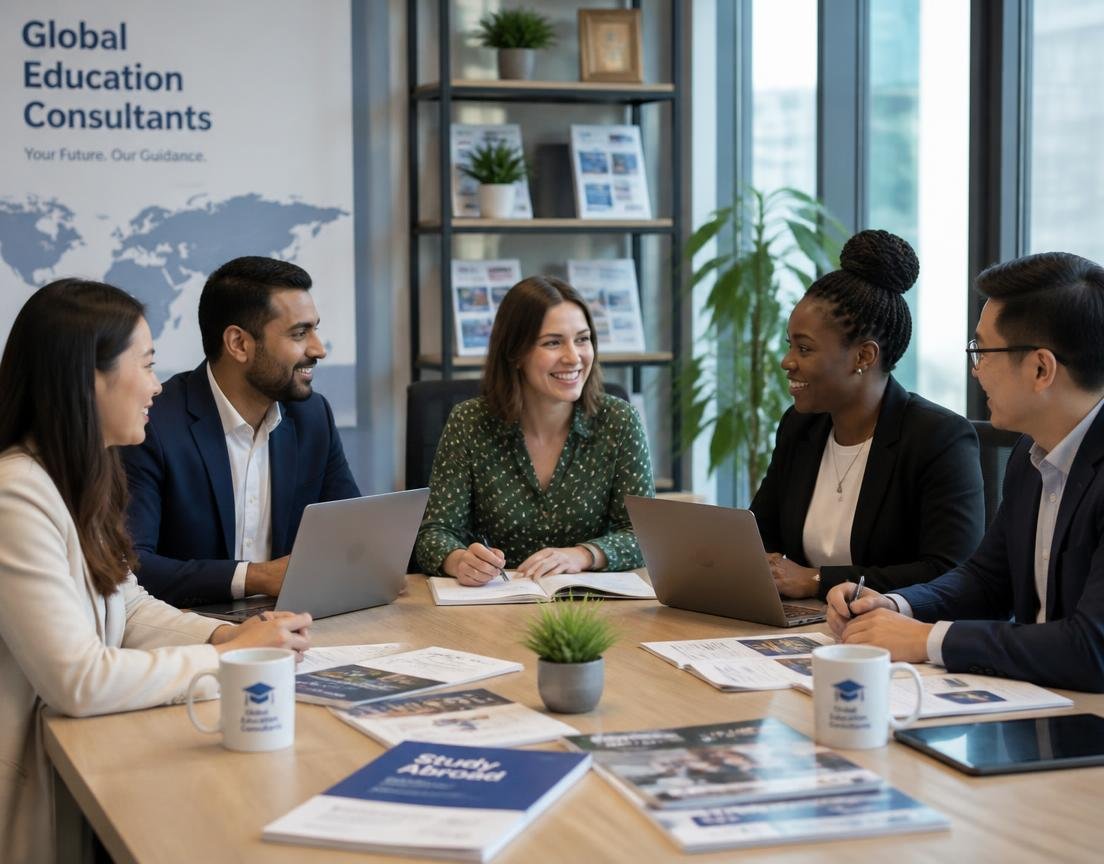 OMC international education consultants meeting with clients in a modern office